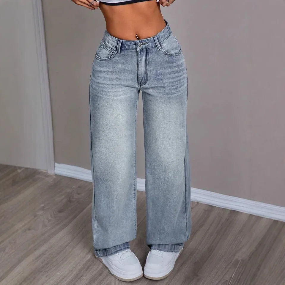 Dames Hoge Taille Denim Spijkerbroek | Comfortabele Wijdvallende Casual Jeans 3