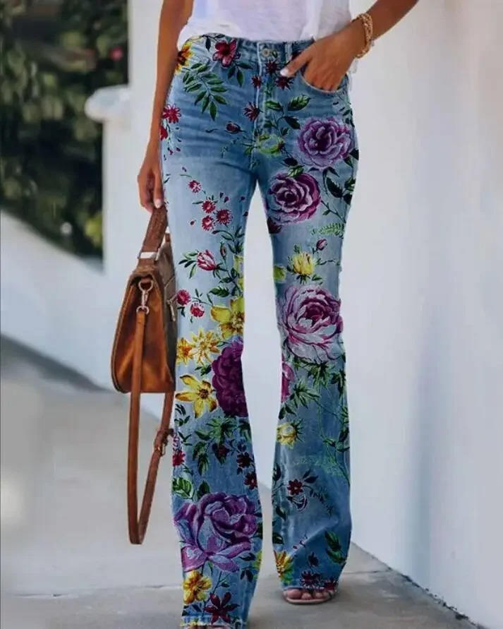 Dames Hoge Taille Spijkerbroek | Trendy Flared Jeans met Botanische Bloemenprint 8