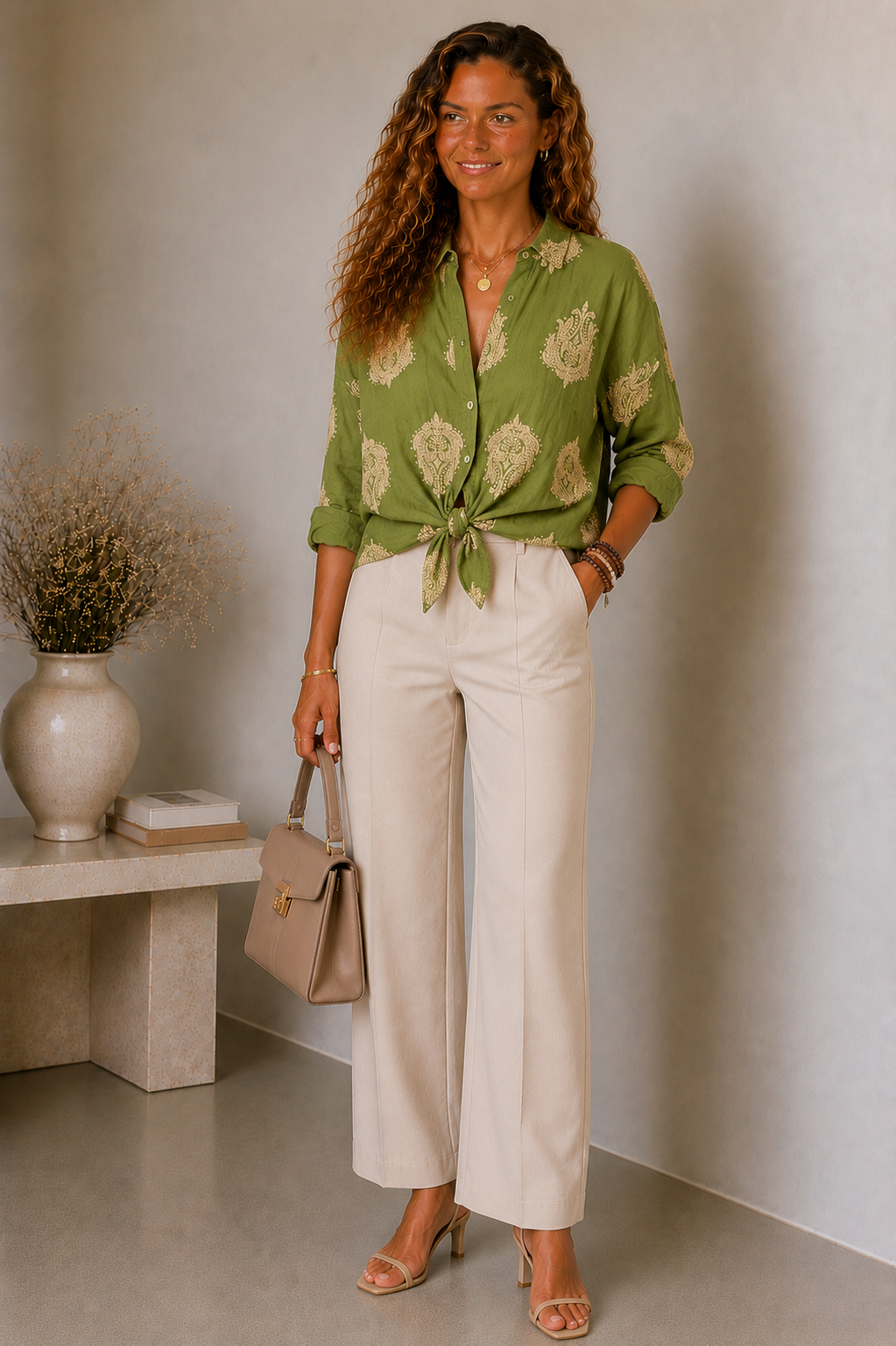 Dames Lichte Stof Blouse | Elegante Losvallende Pasvorm met Gouden Bladprint 2