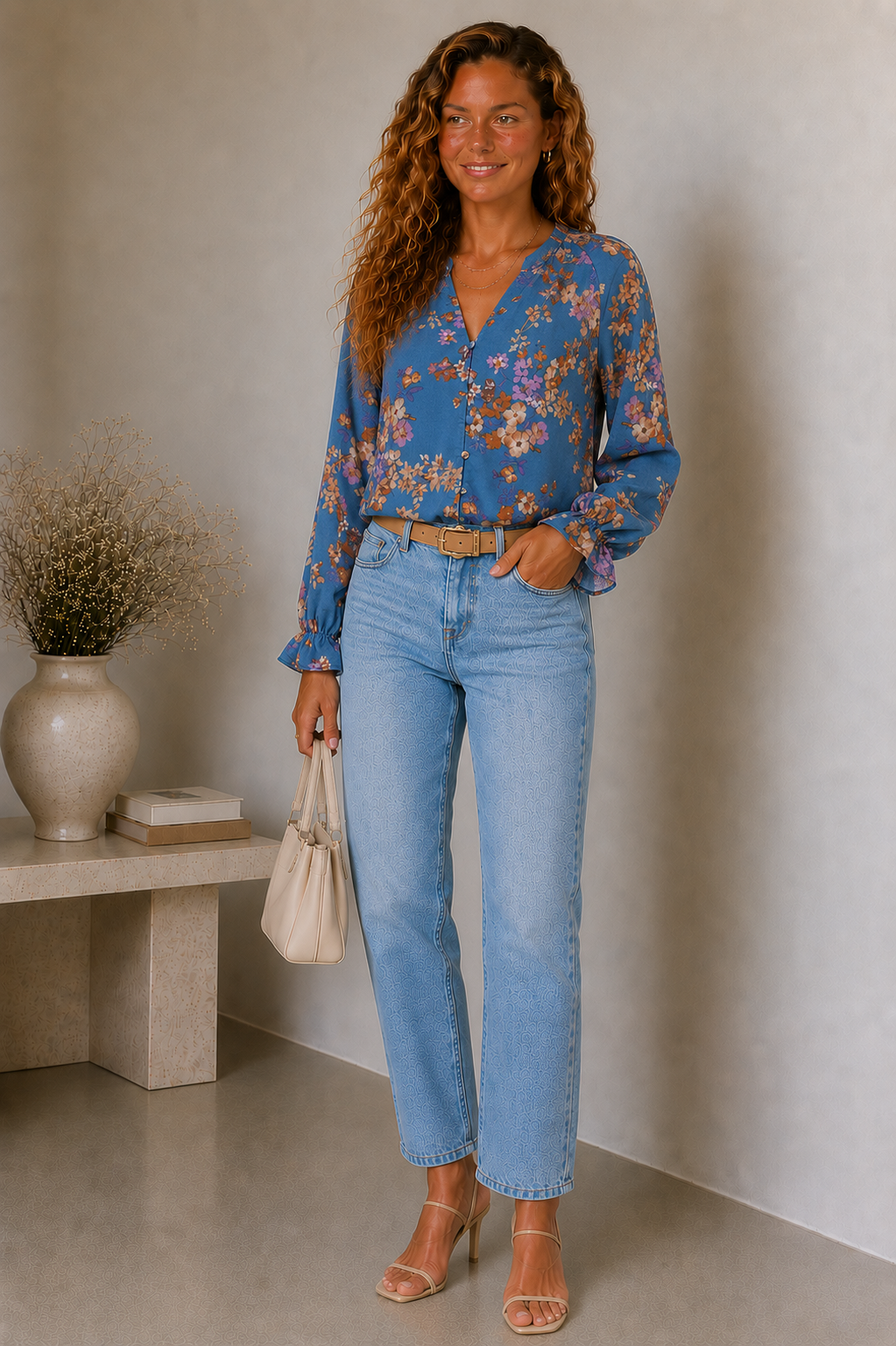 Dames Viscose Bloemenprint Blouse | Elegante V-Hals met Ruchemouwen 2