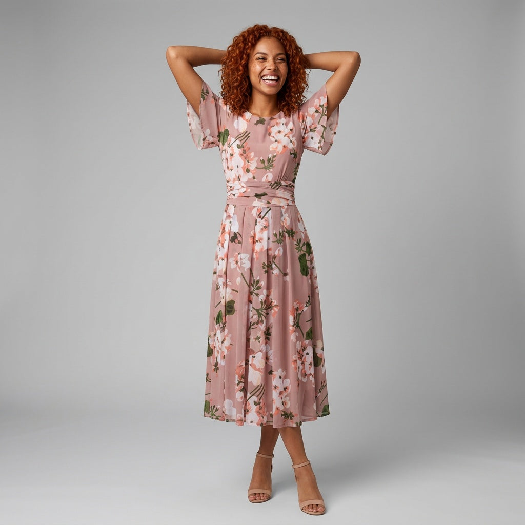 Professional e-commerce fashion photography — create a realistic product-on-model shot using the provided reference images. You are given 2 images: image 1 = product reference, image 2 = model reference. Dress the model from the second image in the product from the first image. The product must be physically placed on the model's body — worn naturally with correct fit, draping, and proportions as it would appear in real life. The product is the hero of the shot and must be clearly visible, prominently displ