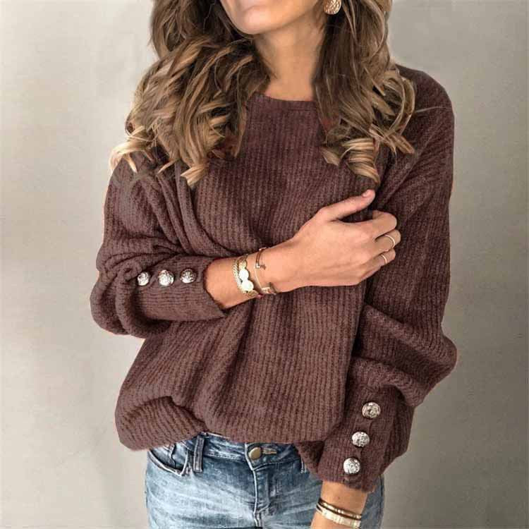 Aocadia | Dames Geribbelde Trui met Decoratieve Knopen