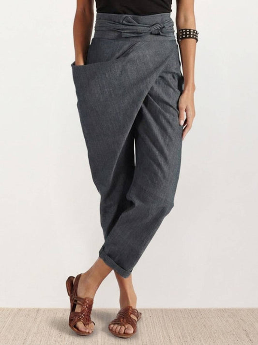 Dames Antracietgrijze Cropped Toelopende Broek | Elegante Hoge Taille met Strik 0