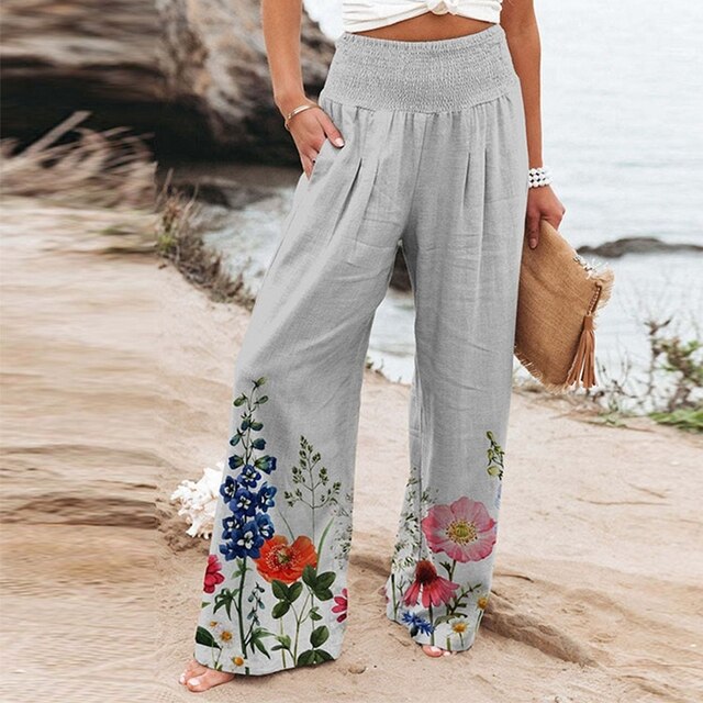Dames Aquarel Bloemenprint Broek | Hoge Taille Met Elastische Band | Comfortabele Wijde Pijpen Zomerbroek 0