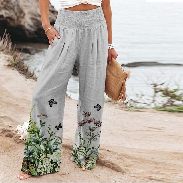 Dames Aquarel Bloemenprint Broek | Hoge Taille Met Elastische Band | Comfortabele Wijde Pijpen Zomerbroek 1