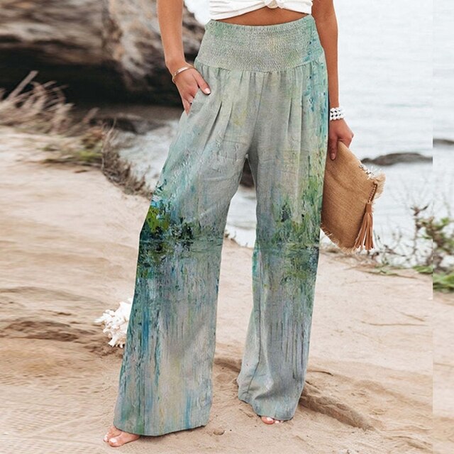 Dames Aquarel Bloemenprint Broek | Hoge Taille Met Elastische Band | Comfortabele Wijde Pijpen Zomerbroek 2