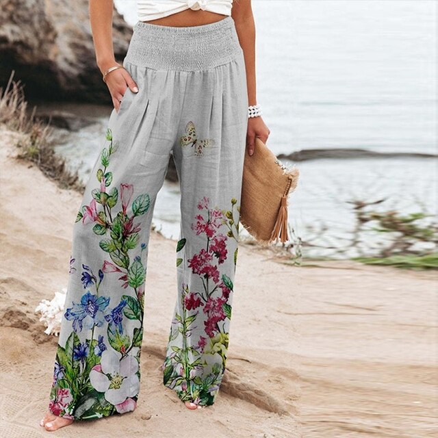 Dames Aquarel Bloemenprint Broek | Hoge Taille Met Elastische Band | Comfortabele Wijde Pijpen Zomerbroek 3