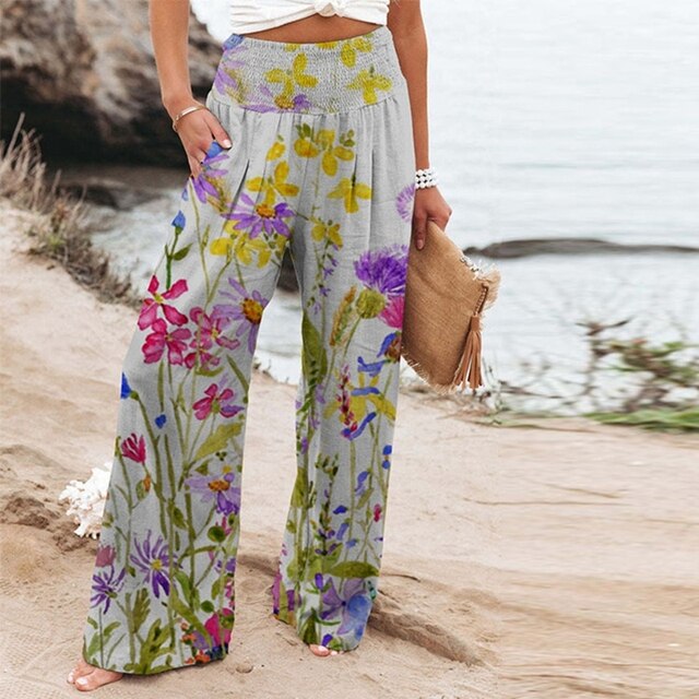 Dames Aquarel Bloemenprint Broek | Hoge Taille Met Elastische Band | Comfortabele Wijde Pijpen Zomerbroek 4
