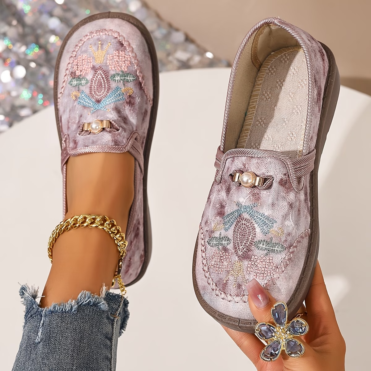 Dames Bloemenborduur Loafers | Elegante Zwarte Instappers met Platte Hak 2
