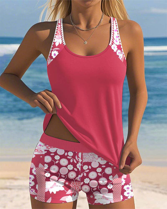 Dames Bloemenprint Tweedelig Badpak | Comfortabele Tanktop en Shorts voor Zomeractiviteiten 0