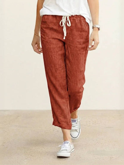 Dames Casual Linnenlook Broek | Relaxed Fit Rechte Pijpen met Trekkoord 3
