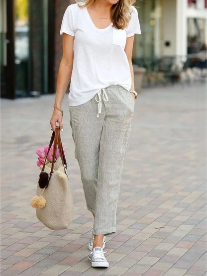 Dames Casual Linnenlook Broek | Relaxed Fit Rechte Pijpen met Trekkoord 7
