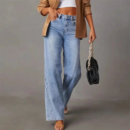 Dames Denim Flared Broek | Trendy Wijde Pasvorm met Patchwork Design 0