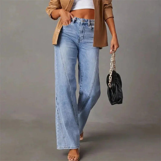 Dames Denim Flared Broek | Trendy Wijde Pasvorm met Patchwork Design 0