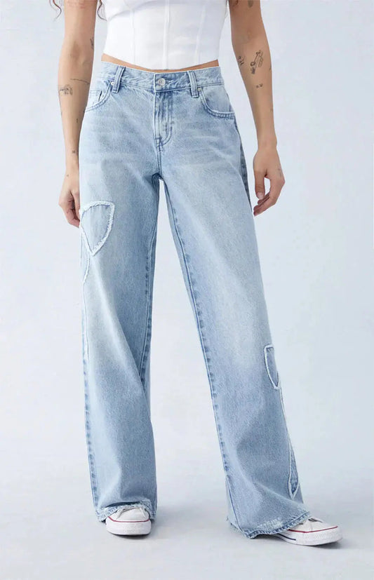 Dames Denim Spijkerbroek met Patches | Trendy Wijde Pijpen Casual Broek 0
