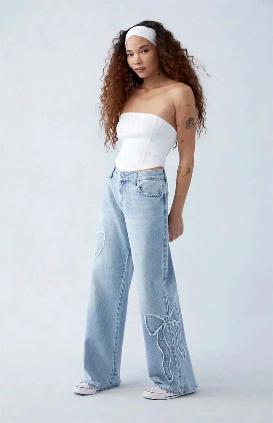 Dames Denim Spijkerbroek met Patches | Trendy Wijde Pijpen Casual Broek 1