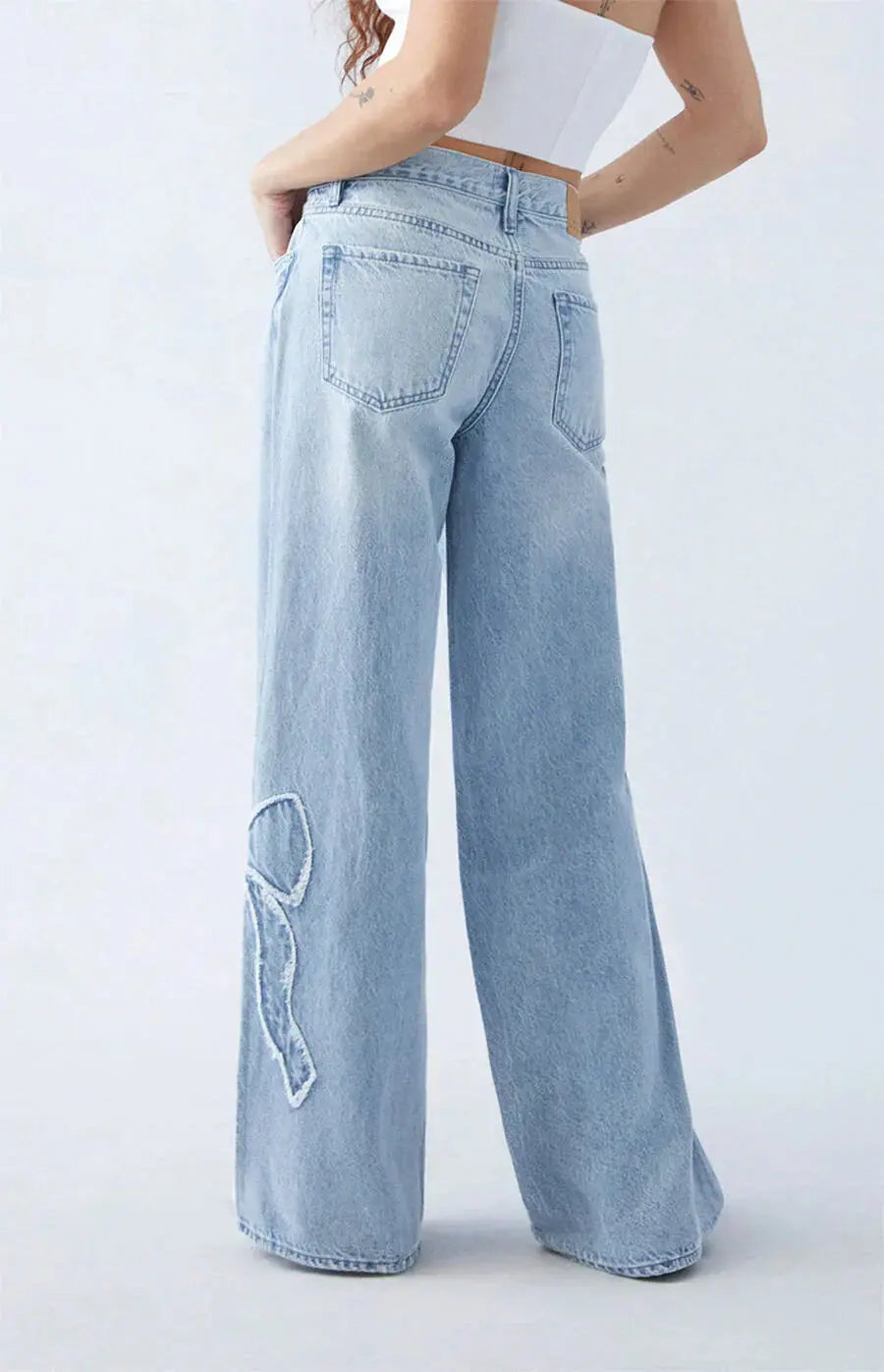 Dames Denim Spijkerbroek met Patches | Trendy Wijde Pijpen Casual Broek 2