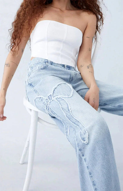 Dames Denim Spijkerbroek met Patches | Trendy Wijde Pijpen Casual Broek 4