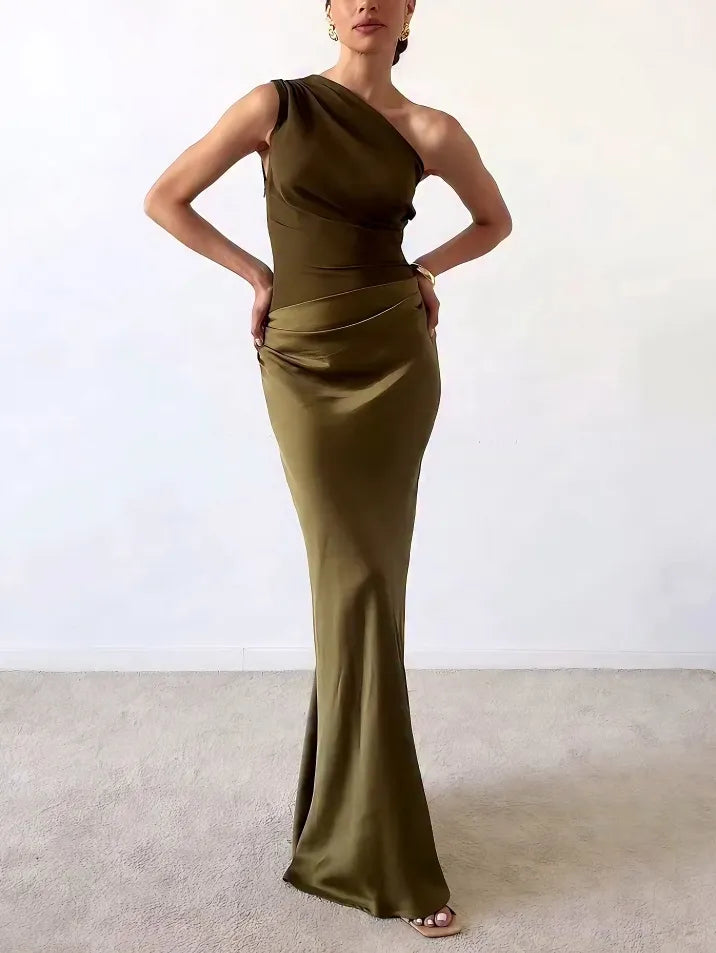 Dames Elegante Geplooide Maxi Jurk | Stijlvolle One-Shoulder Lange Jurk voor Feestelijke Gelegenheden 1