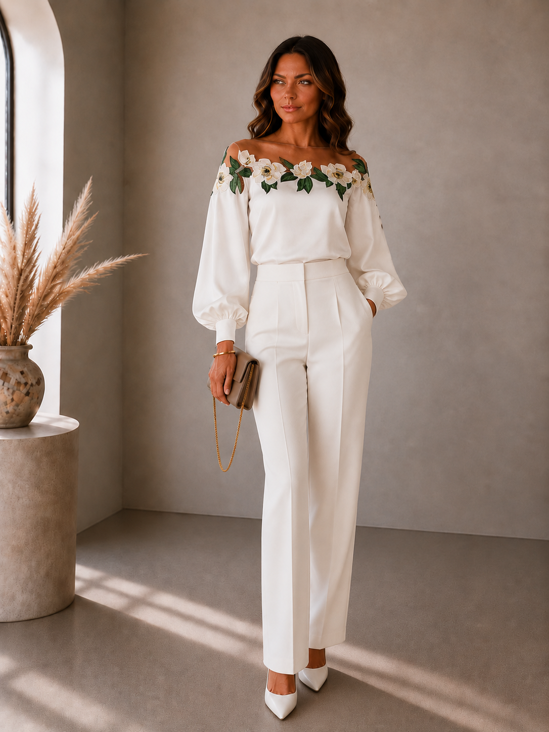 Dames Elegante Katoenen Blouse | Romantische Off-Shoulder Top met Bloemenborduursel 0