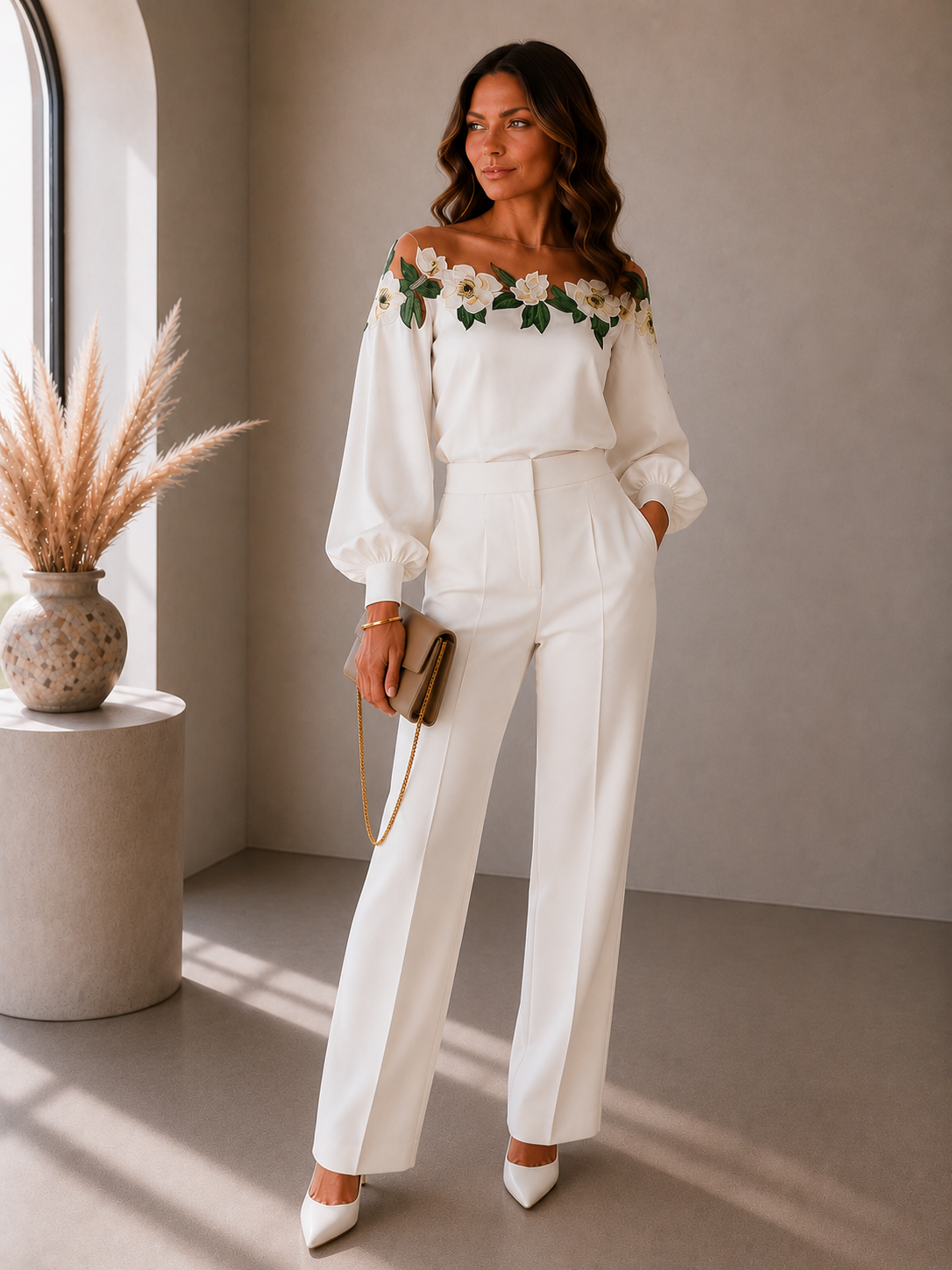 Dames Elegante Katoenen Blouse | Romantische Off-Shoulder Top met Bloemenborduursel 1
