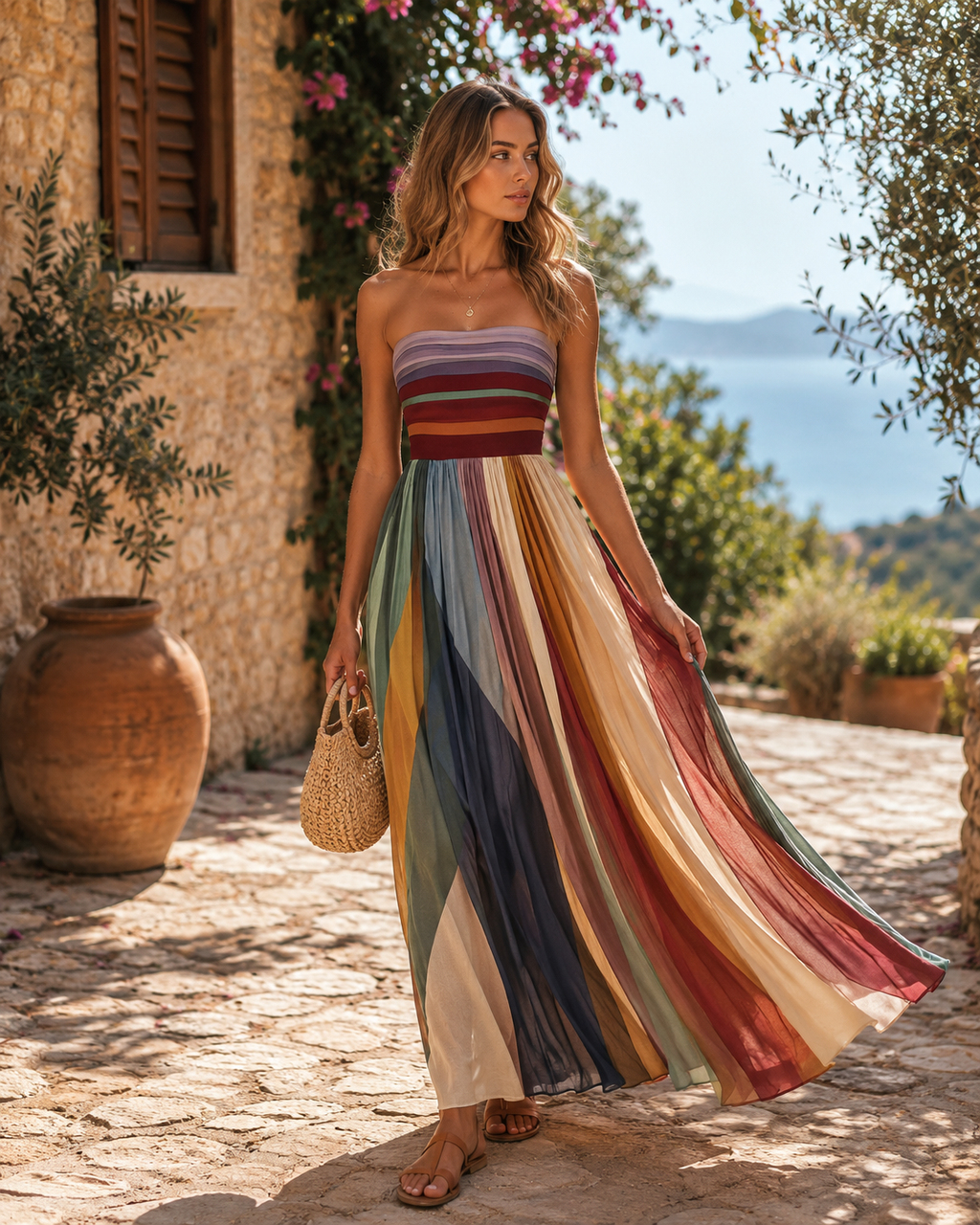 Dames Elegante Maxi Jurk | Strapless Juweeltinten Feestjurk met Zwierige Plooien 0
