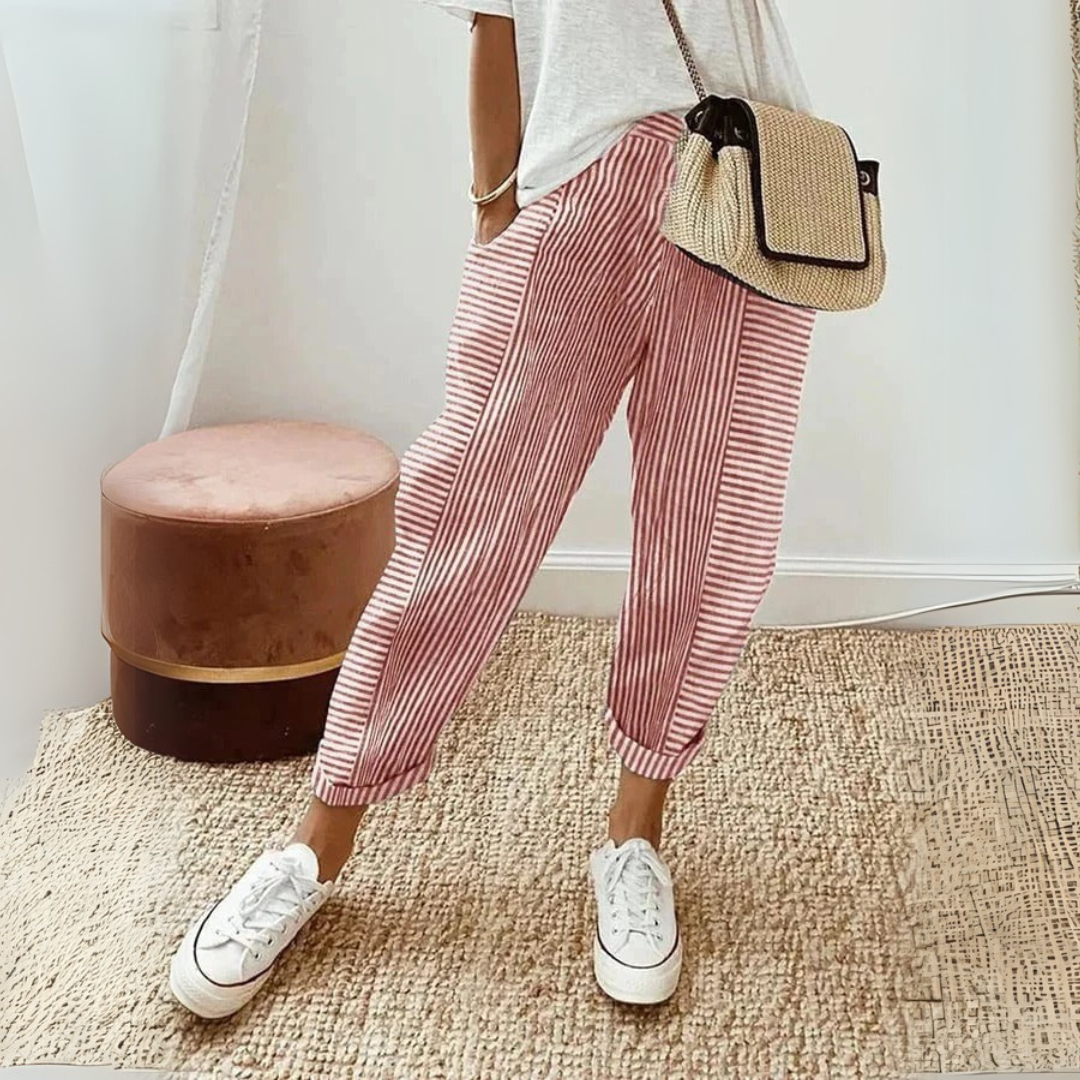 Dames Gestreepte Katoenen Broek | Comfortabele Wijde Pijpen 1