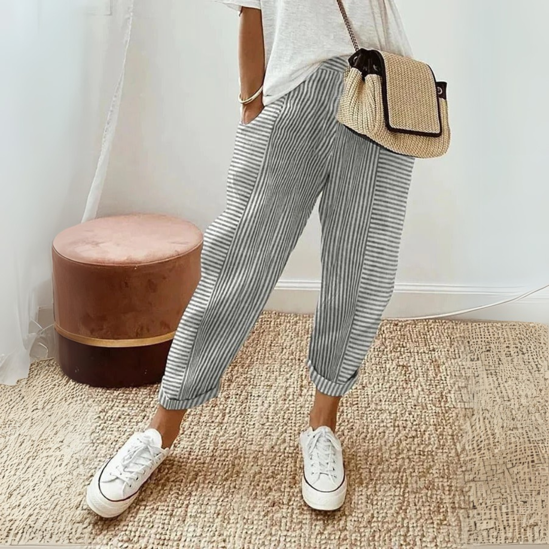 Dames Gestreepte Katoenen Broek | Comfortabele Wijde Pijpen 2