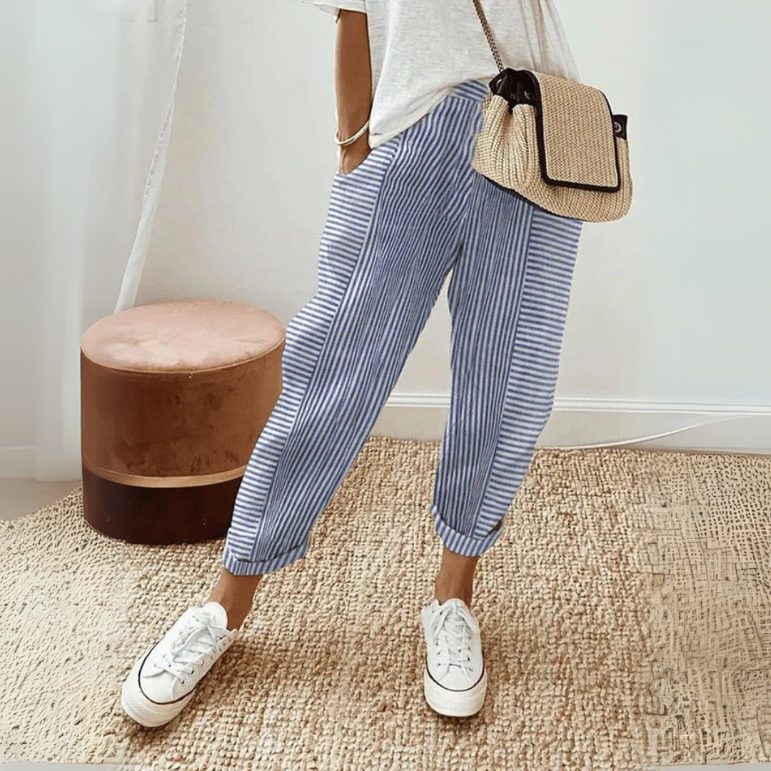 Dames Gestreepte Katoenen Broek | Comfortabele Wijde Pijpen 4