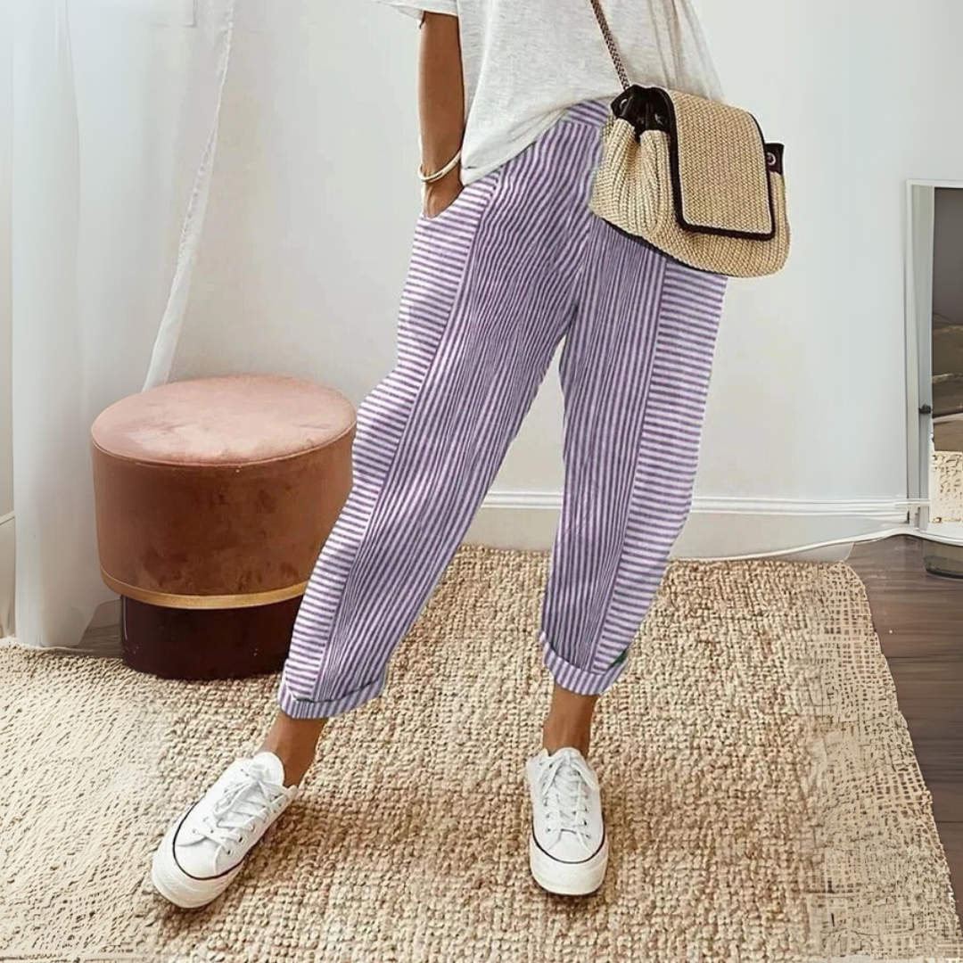 Dames Gestreepte Katoenen Broek | Comfortabele Wijde Pijpen 5