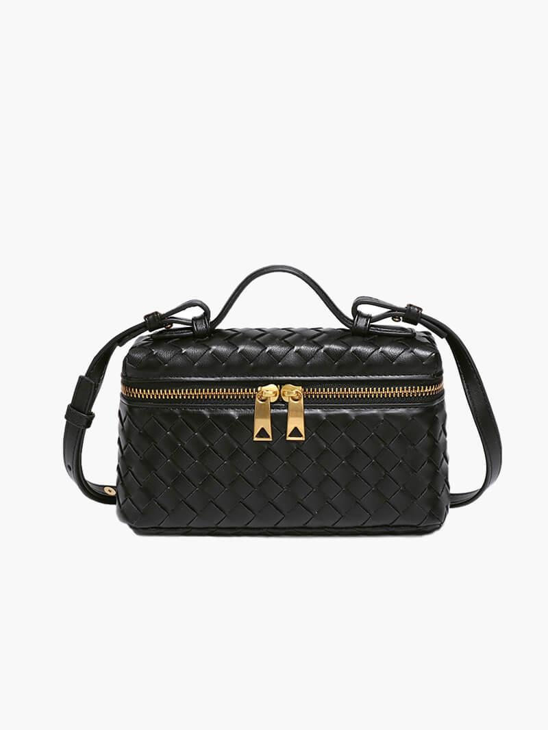 Dames Gevlochten Kunstleer Schoudertas | Compact Elegante Zwarte Tas met Verstelbare Schouderriem 0