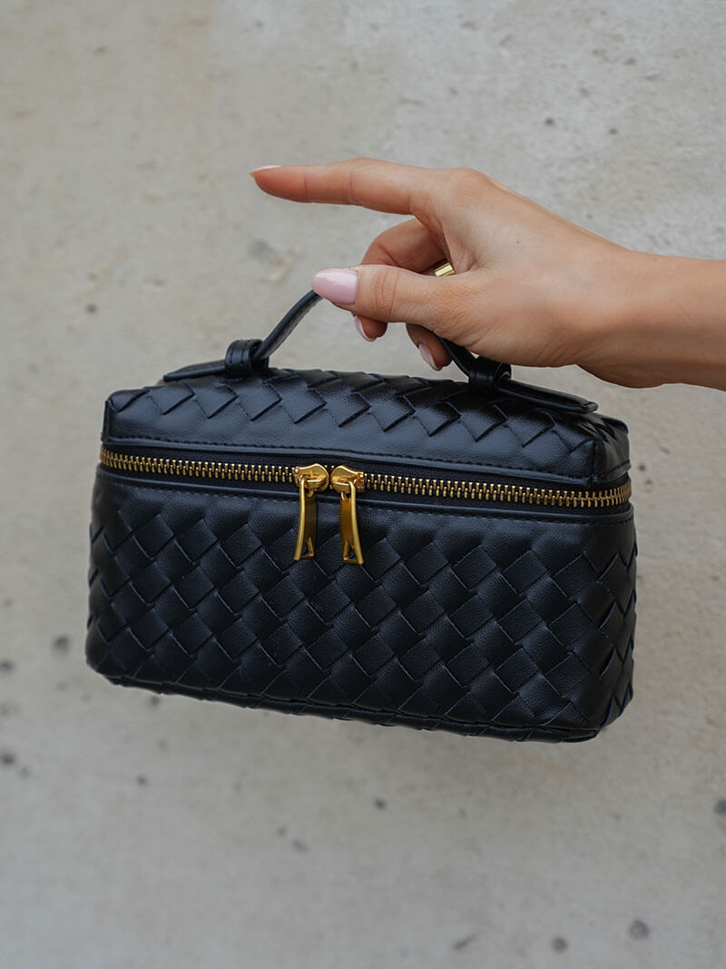 Dames Gevlochten Kunstleer Schoudertas | Compact Elegante Zwarte Tas met Verstelbare Schouderriem 2