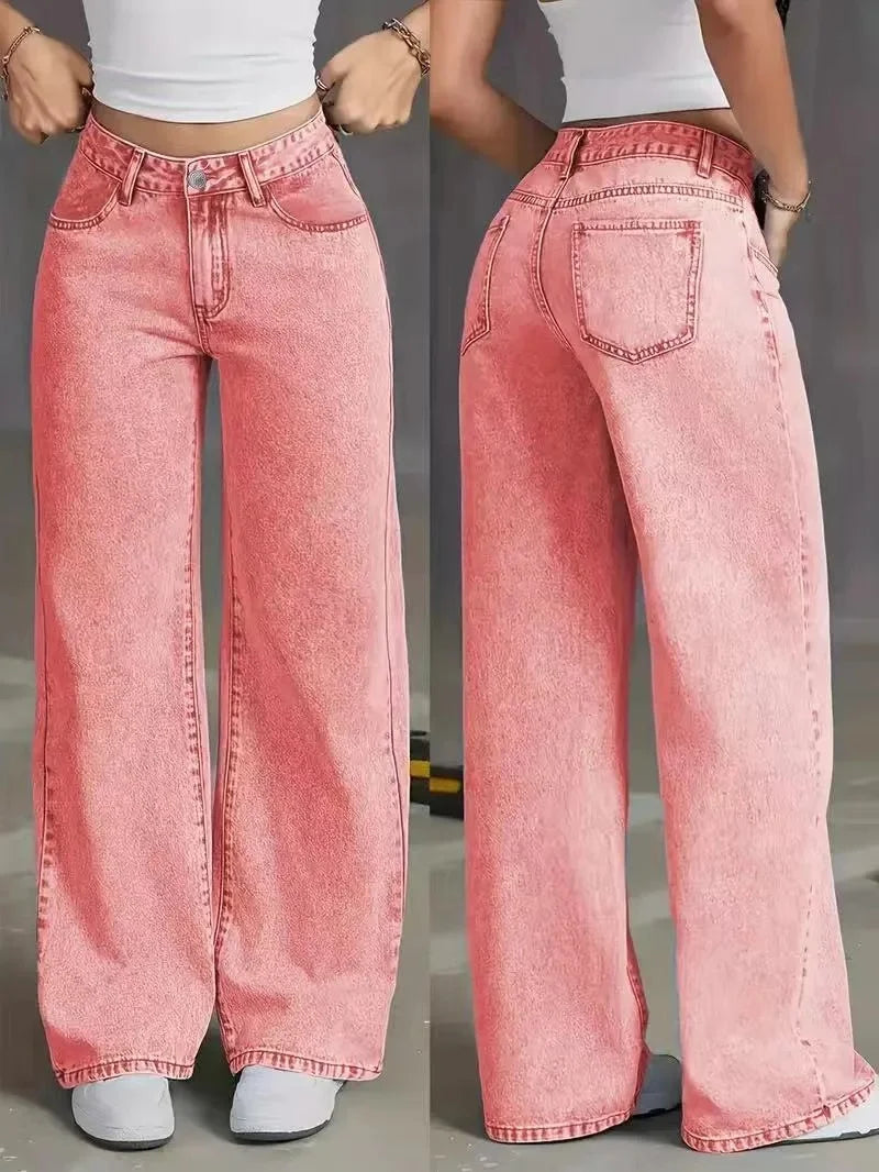 Dames Gewassen Denim Wide Leg Jeans | Flatterende Hoge Taille met Relaxte Pasvorm 0
