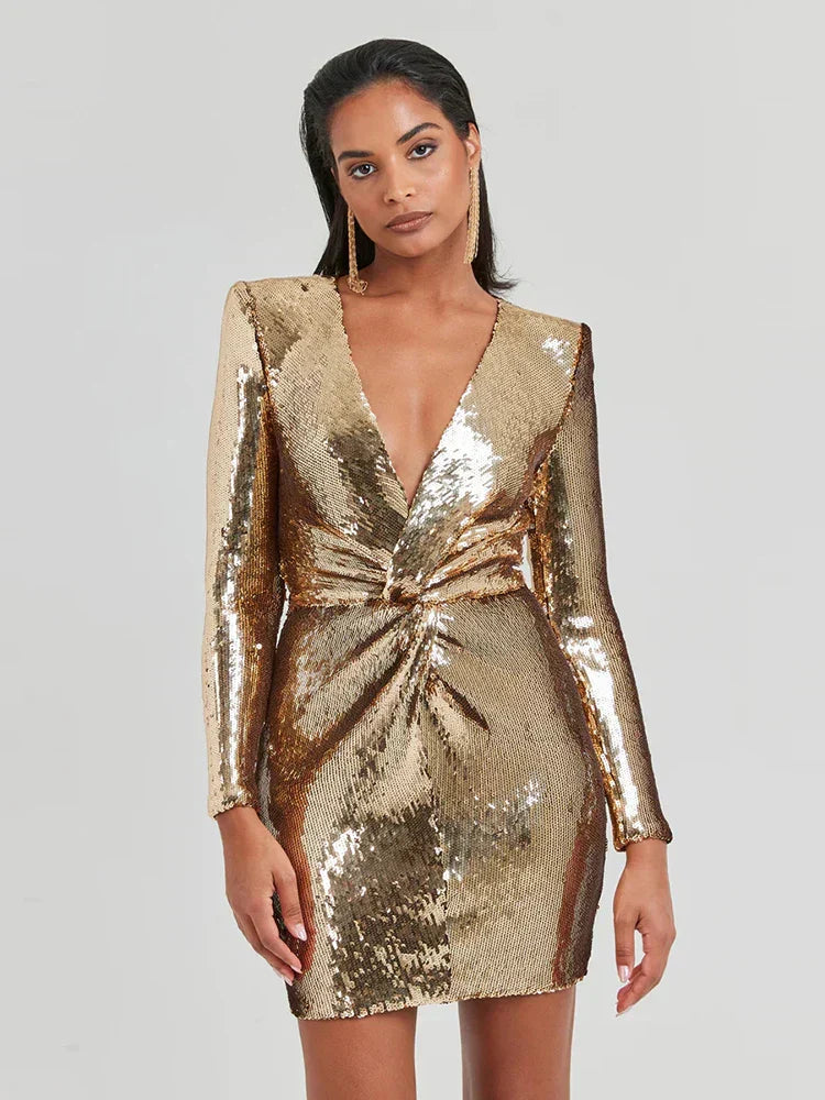 Dames Gouden Pailletten Mini Jurk | Elegante Lange Mouw Plissé Cocktailjurk 0