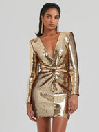 Dames Gouden Pailletten Mini Jurk | Elegante Lange Mouw Plissé Cocktailjurk 1