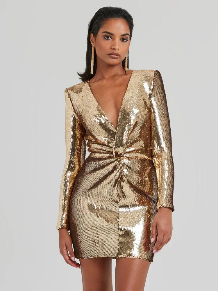 Dames Gouden Pailletten Mini Jurk | Elegante Lange Mouw Plissé Cocktailjurk 1