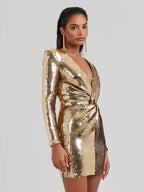 Dames Gouden Pailletten Mini Jurk | Elegante Lange Mouw Plissé Cocktailjurk 3