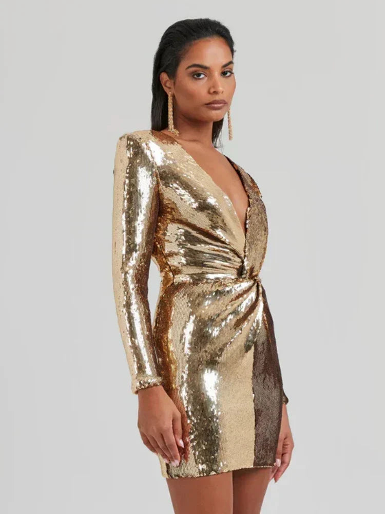 Dames Gouden Pailletten Mini Jurk | Elegante Lange Mouw Plissé Cocktailjurk 3