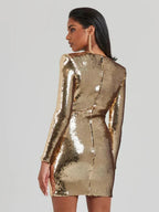 Dames Gouden Pailletten Mini Jurk | Elegante Lange Mouw Plissé Cocktailjurk 4
