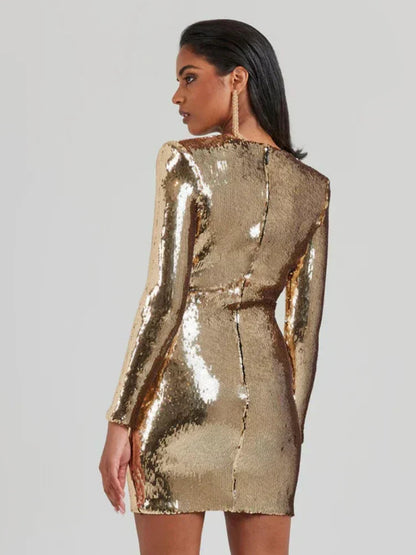 Dames Gouden Pailletten Mini Jurk | Elegante Lange Mouw Plissé Cocktailjurk 4