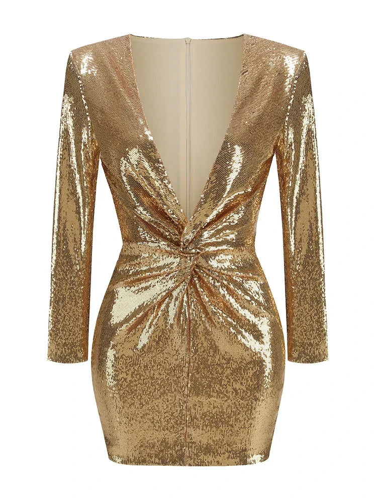 Dames Gouden Pailletten Mini Jurk | Elegante Lange Mouw Plissé Cocktailjurk 5