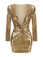 Dames Gouden Pailletten Mini Jurk | Elegante Lange Mouw Plissé Cocktailjurk 5