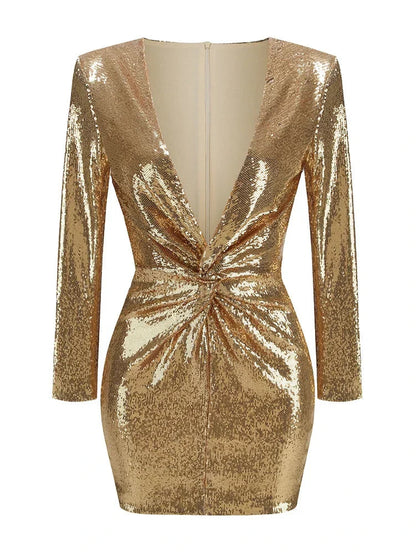 Dames Gouden Pailletten Mini Jurk | Elegante Lange Mouw Plissé Cocktailjurk 5