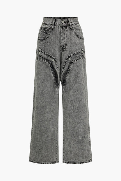 Dames Grijze Denim Spijkerbroek | High-Waist Wijde Pijpen met Asymmetrische Details 0