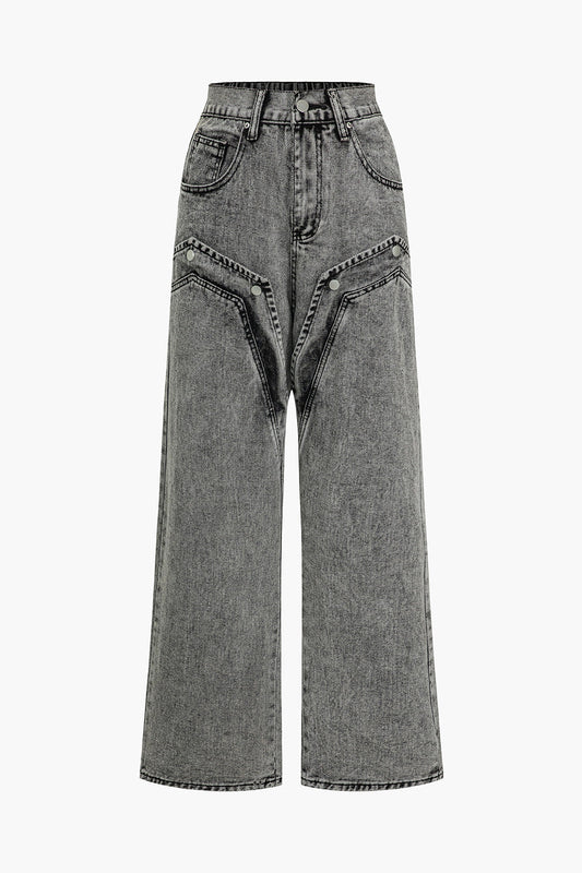 Dames Grijze Denim Spijkerbroek | High-Waist Wijde Pijpen met Asymmetrische Details 0