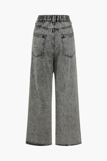 Dames Grijze Denim Spijkerbroek | High-Waist Wijde Pijpen met Asymmetrische Details 1