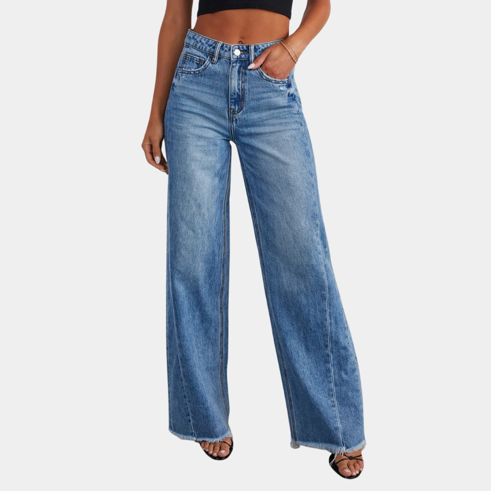 Dames Hoge Taille Denim Jeans | Trendy Wijd-Pijpen Casual Broek 0