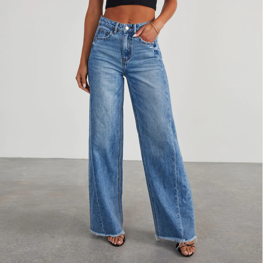 Dames Hoge Taille Denim Jeans | Trendy Wijd-Pijpen Casual Broek 1
