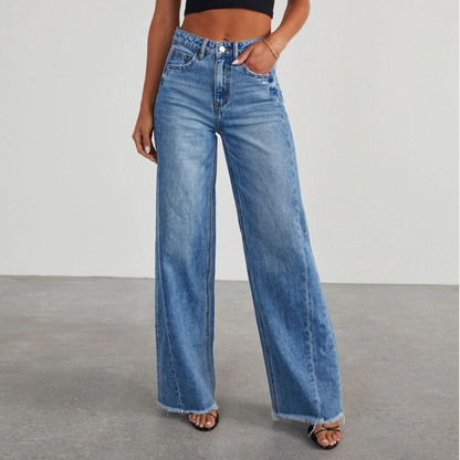 Dames Hoge Taille Denim Jeans | Trendy Wijd-Pijpen Casual Broek 1