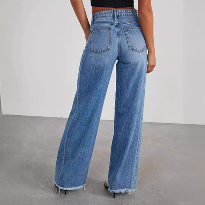 Dames Hoge Taille Denim Jeans | Trendy Wijd-Pijpen Casual Broek 2